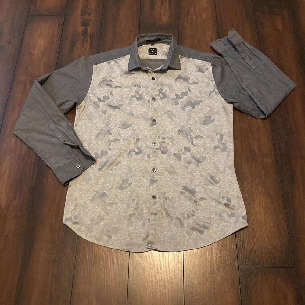 Van Heusen Camouflage Military Button Sz M 15.5 Slim Fit Gray Long Sleeve Casual